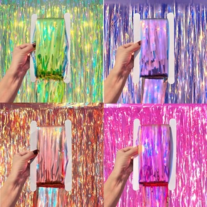 Iridescent Holographic Tinsel Curtain Laser Foil Fringe Curtain For Birthday Wedding Party Backdrop Decoration Vibrant Colors