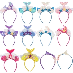 Set of 12 ocean theme birthday headbands with sequins starfish and mermaid tails for kids