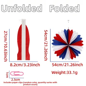 Decorazione a nido d'ape in carta rosso bianco blu con dettagli su dimensioni e peso