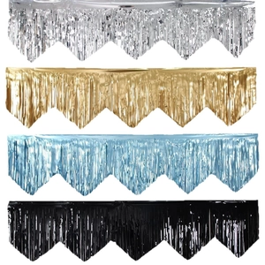 Wave-shaped fringe curtain backdrop in gold, silver, blue, and black metallic finish