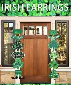 Detail of St. Patrick's Day door hanger with green clovers and welcome greeting plaque