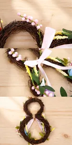 Detailed close-up of an Easter bunny-shaped rattan wreath with colorful berries and eggs