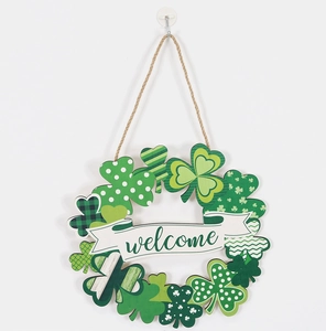 Detail of St. Patrick's Day welcome sign with shamrocks and rustic hanging rope