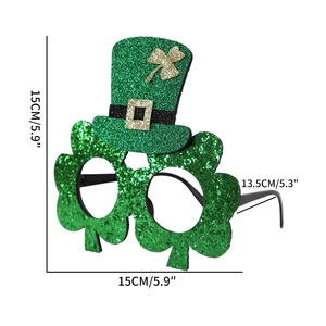 Green glitter St. Patrick's Day shamrock glasses with hat detail and size measurements