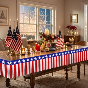 Patriotic red white and blue tinsel table skirt for Independence Day party decorations
