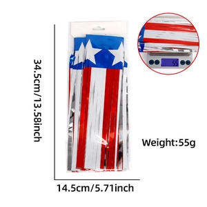 Packaged red white and blue foil fringe curtain for Independence Day party decorations