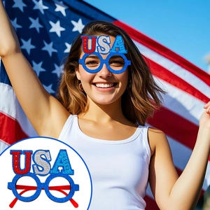 Glittery USA party glasses featuring blue sparkling frames and American flag colors