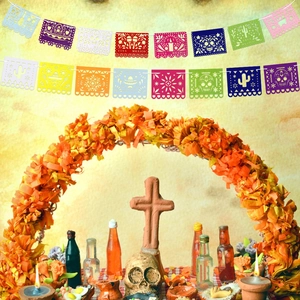 Colorful Mexican Papel Picado banner with skeleton and cactus for Day of the Dead decoration