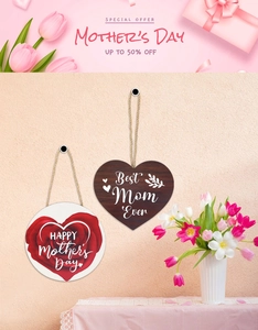 Detail of Happy Mother's Day floral round plaque and wooden heart-shaped gift hanging sign