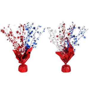 Independence Day centerpiece with red white and blue stars on festive wire foil base