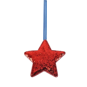 Sparkly red sequin star ornament with blue hanging ribbon for USA Independence Day party decor