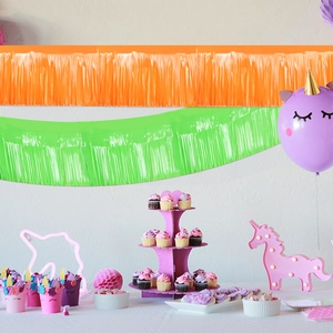 Fluorescent macaron tinsel curtain for party background decoration with neon fringe banners