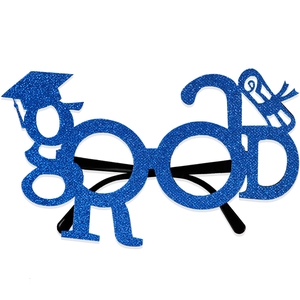Blue glitter GRAD graduation party glasses with mortarboard cap and diploma design