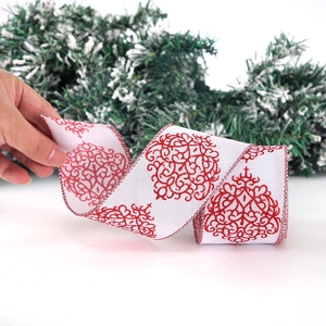 Nastro natalizio da 2M con motivi a volute rosse glitterate per decorazioni