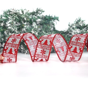 Christmas ribbon with red and white snowflake elk prints for festive tree DIY decoration