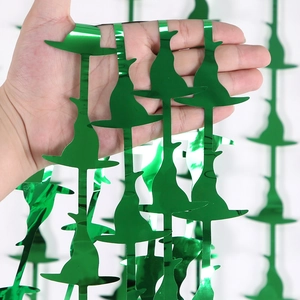 Green foil witch hat garland for Wicked theme party backdrop decoration with metallic finish