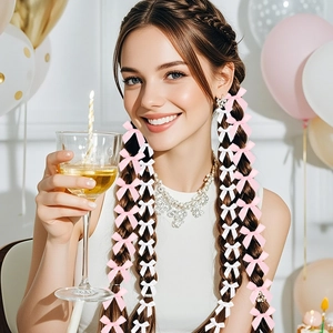 Charming pink and white polyester mini bows decorating braided hair for party settings