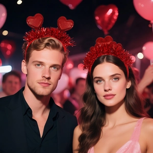 Red heart headband with shiny tinsel tassels for Valentine's Day party and festive decor