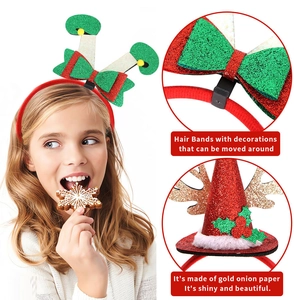 Detail view of adjustable Christmas headbands with glitter elf legs and Santa hat designs