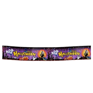 Halloween banner with ghost pumpkin and bat motifs on purple fringe garland decoration