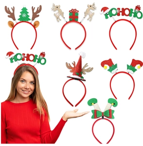 Detail view of glittery Christmas headbands featuring reindeer antlers and HO HO HO letters