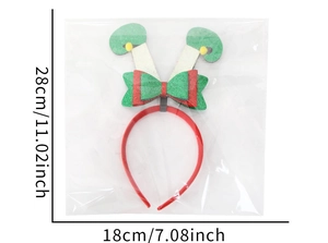 Detail view of glittery Christmas elf hat headband with dimensions 28cm by 18cm