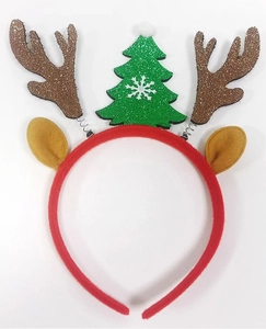 Detail of Christmas reindeer antler headband with sequins and a green Christmas tree ornament