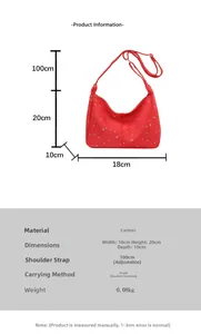 Tableau des tailles détaillé pour sac cabas en toile à paillettes rouges avec mesures