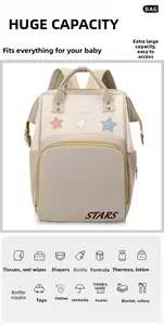 Detail showing high-capacity diaper backpack with fourteen functional storage compartments