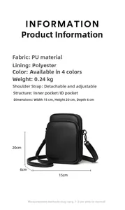 Detailed size chart and specifications for the black crossbody mini bag in PU leather
