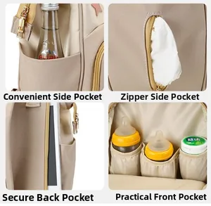 Detail view of mummy backpack featuring anti-theft pockets and baby bottle storage compartments
