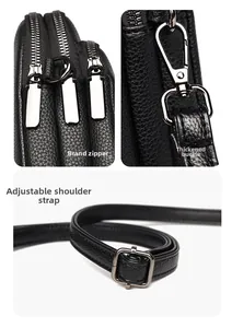 Detail view of black lychee leather bag with three zipper compartments and adjustable strap