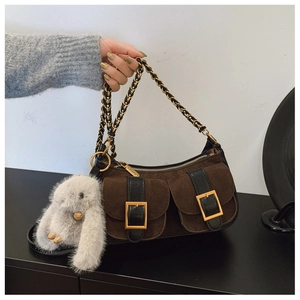 Retro PU Leather Dumpling Shoulder Bag For Women Fashion Stitching Crossbody Bag With Plush Rabbit Charm Casual Underarm Bag