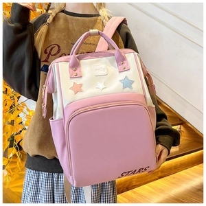 Detail view of pink and white patchwork mommy backpack with stars and STARS print