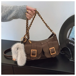 Retro coffee brown leather dumpling bag with metal chain strap and cute rabbit pendant