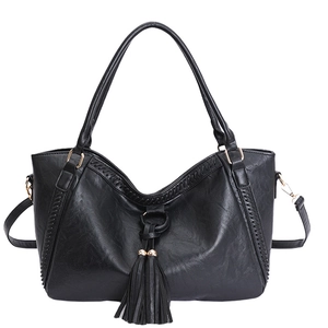 Classic black tote bag in lychee texture PU leather with tassel and woven stitch detail