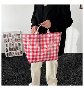 Detail of red and white checkered waterproof tote bag with white text held by model
