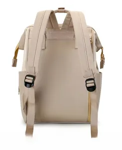 Rear view of beige waterproof diaper backpack featuring padded S-straps and anti-theft pocket