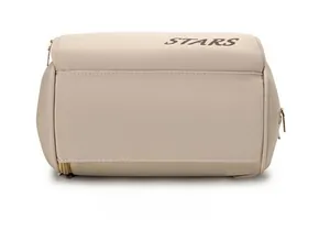 Bottom view of the beige waterproof storage bag showing fine stitching and durable fabric