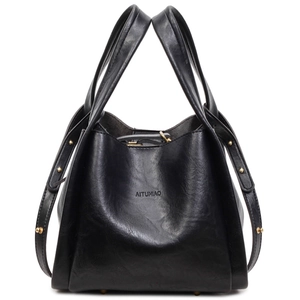 Classic black bucket tote bag in premium faux leather with gold rivet details and logo