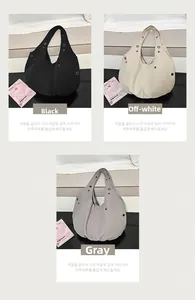 Detailed comparison of nylon tote bags in black, beige and gray with metal eyelets