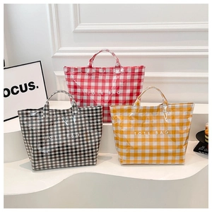 Fashionable gingham tote bag available in red black and yellow glossy waterproof canvas