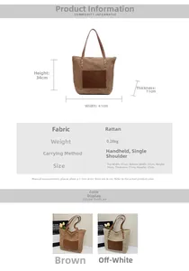 Close-up of lightweight woven straw tote bag with leather logo patch and dimensions