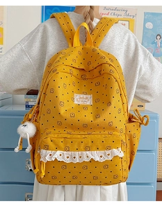 Yellow corduroy backpack featuring polka dots, bear prints, and lace trim for students