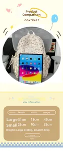 Detailed size chart for beige corduroy backpack showing large and small dimensions