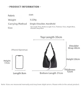 Detailed dimension guide for black polka dot canvas tote showing sizes vs iPhone 16 Pro Max