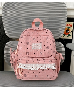 Close-up of pink corduroy backpack featuring bear prints and white lace trim detail