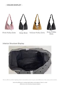Detail of polka dot canvas tote bags with decorative lace bows and spacious interior