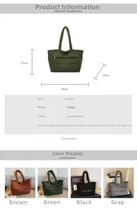 Tableau des tailles détaillé et sac cabas en velours côtelé avec dimensions et matériaux