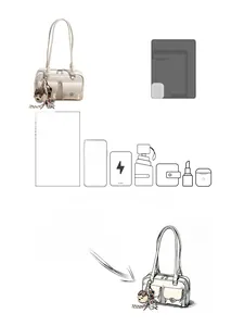 Detail showing white leather shoulder bag capacity for iPhone 6.7 inch, umbrella and essentials